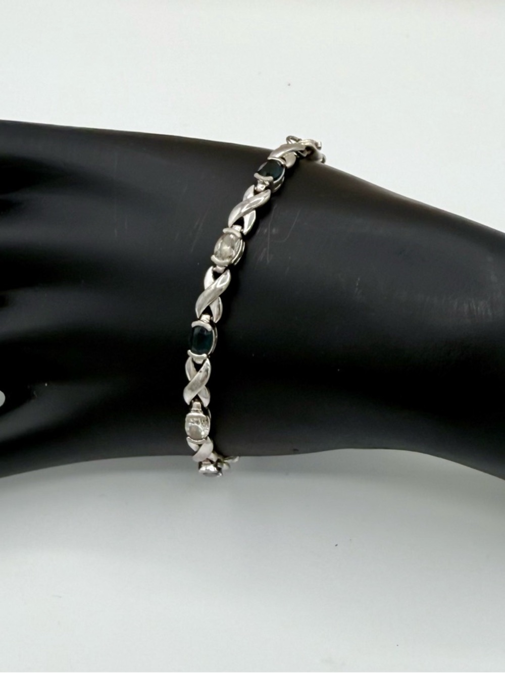 925 Sterling Silver XO Link Bracelet Teal Blue Green & Clear Oval Crystals 7”